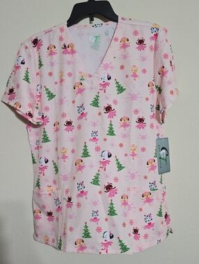 NWT Womens GT-Performance Pink Holiday Ballet Scrub Top Size L